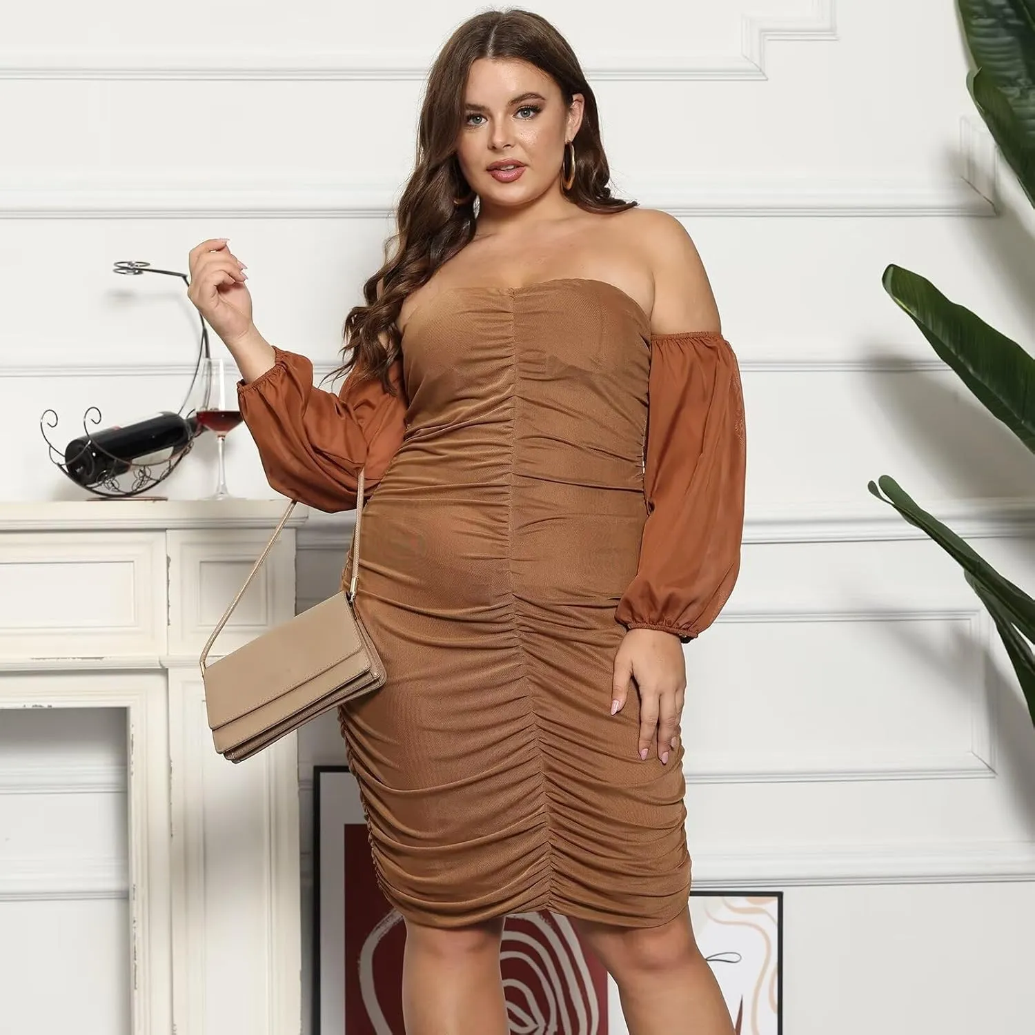 EDITCOZY Women Plus Size Off Shoulder Mesh Long Sleeve Bodycon Club Cocktail Ruched Midi Dress