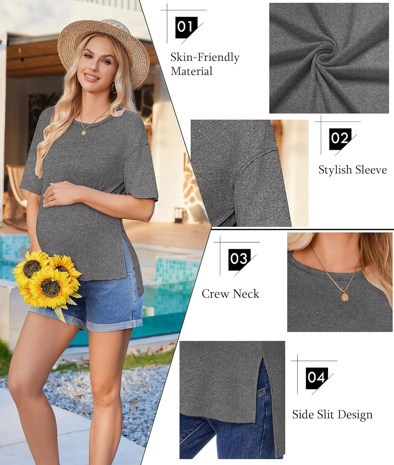 Ekouaer Maternity Shirts 3 Packs Short Sleeve Womens Oversized Pregnancy Tops Split Side Postpartum Blouse Clothes S-XXL