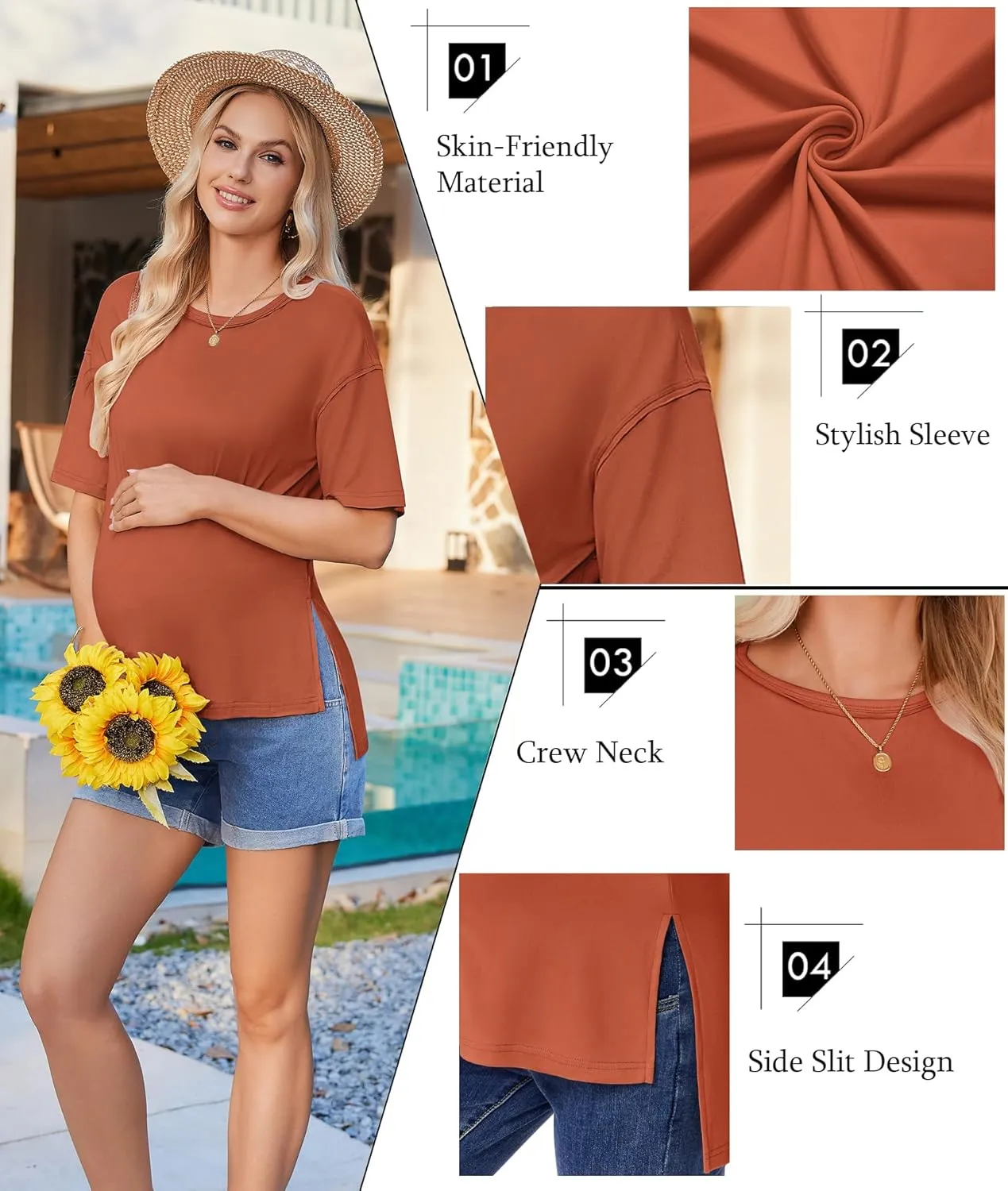 Ekouaer Maternity Shirts 3 Packs Short Sleeve Womens Oversized Pregnancy Tops Split Side Postpartum Blouse Clothes S-XXL
