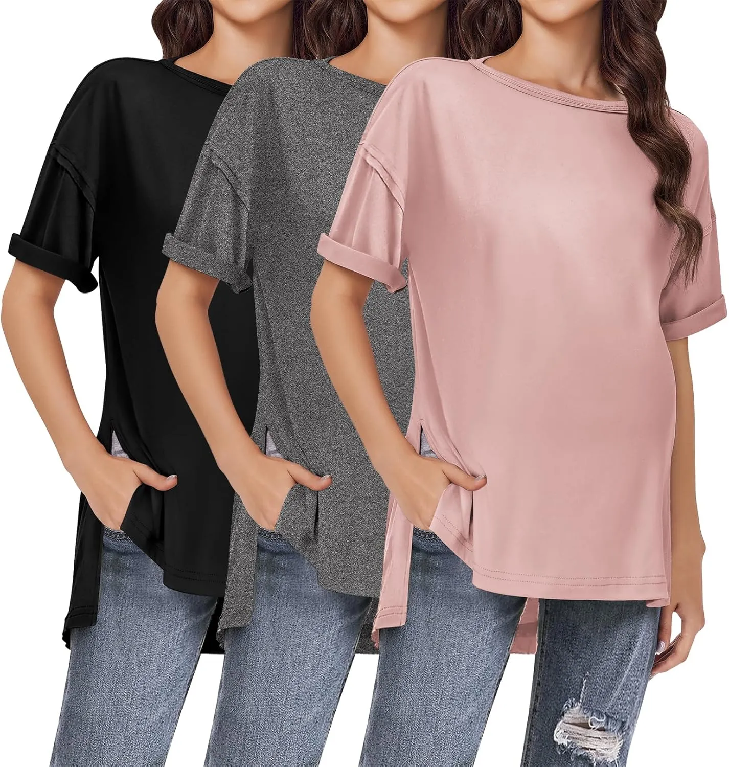 Ekouaer Maternity Shirts 3 Packs Short Sleeve Womens Oversized Pregnancy Tops Split Side Postpartum Blouse Clothes S-XXL