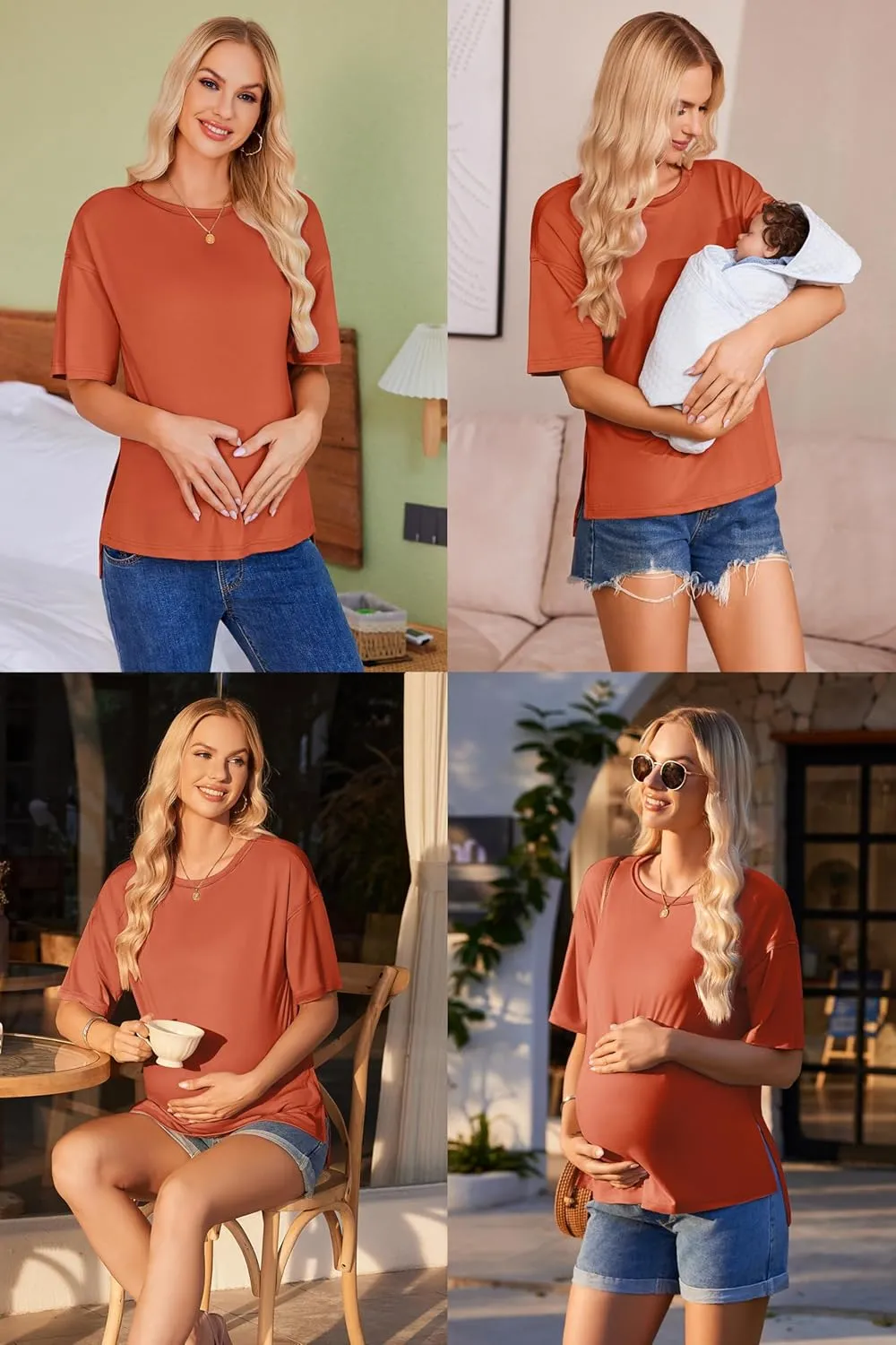 Ekouaer Maternity Shirts 3 Packs Short Sleeve Womens Oversized Pregnancy Tops Split Side Postpartum Blouse Clothes S-XXL