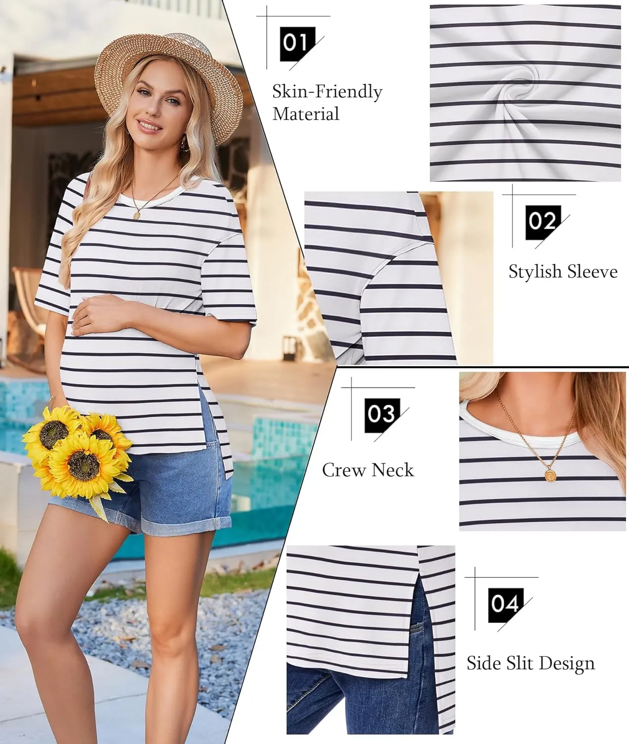 Ekouaer Maternity Shirts 3 Packs Short Sleeve Womens Oversized Pregnancy Tops Split Side Postpartum Blouse Clothes S-XXL