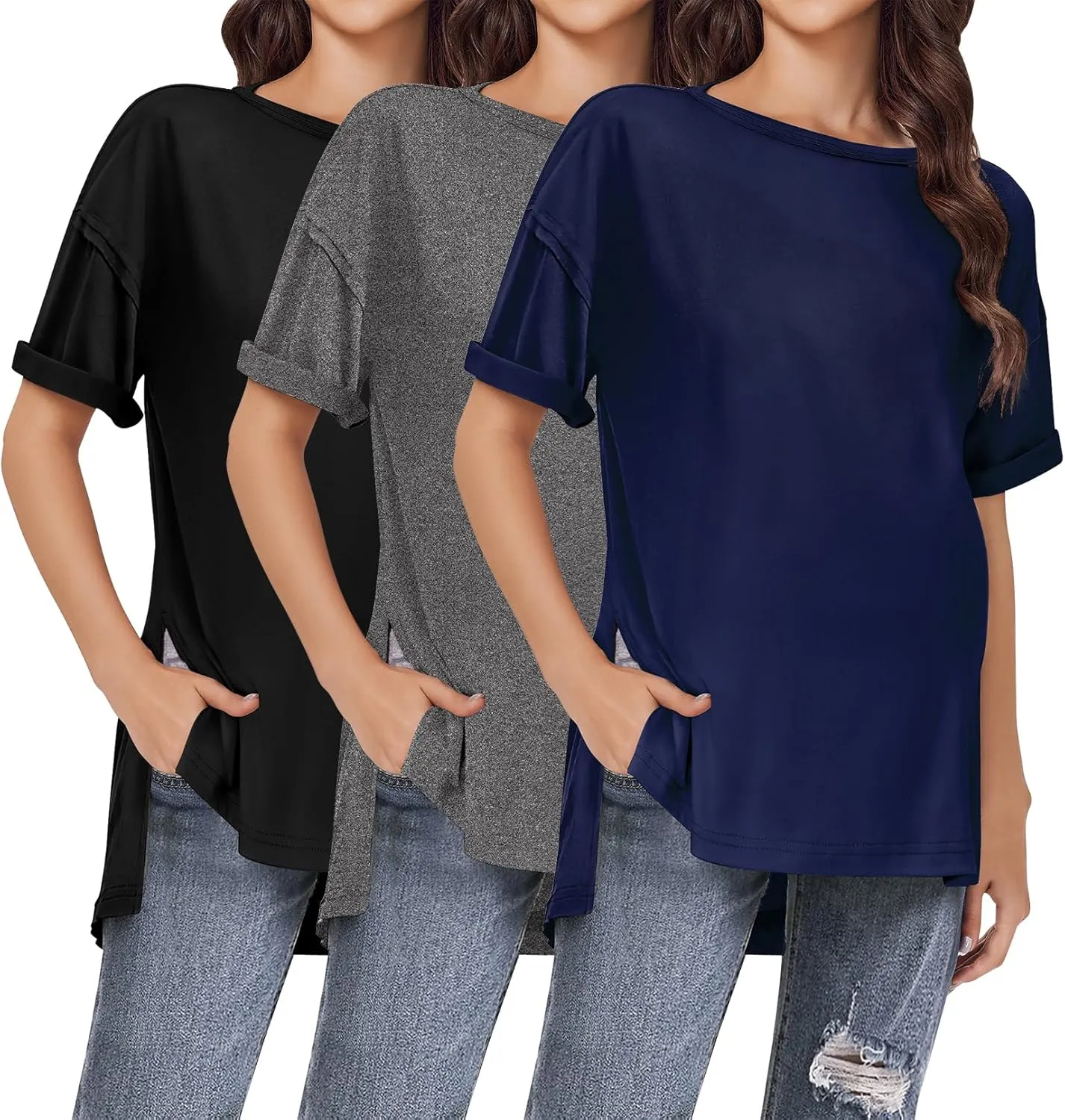 Ekouaer Maternity Shirts 3 Packs Short Sleeve Womens Oversized Pregnancy Tops Split Side Postpartum Blouse Clothes S-XXL
