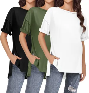 Ekouaer Maternity Shirts 3 Packs Short Sleeve Womens Oversized Pregnancy Tops Split Side Postpartum Blouse Clothes S-XXL