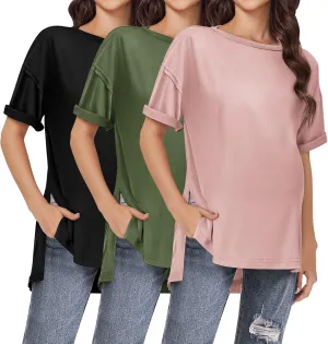 Ekouaer Maternity Shirts 3 Packs Short Sleeve Womens Oversized Pregnancy Tops Split Side Postpartum Blouse Clothes S-XXL