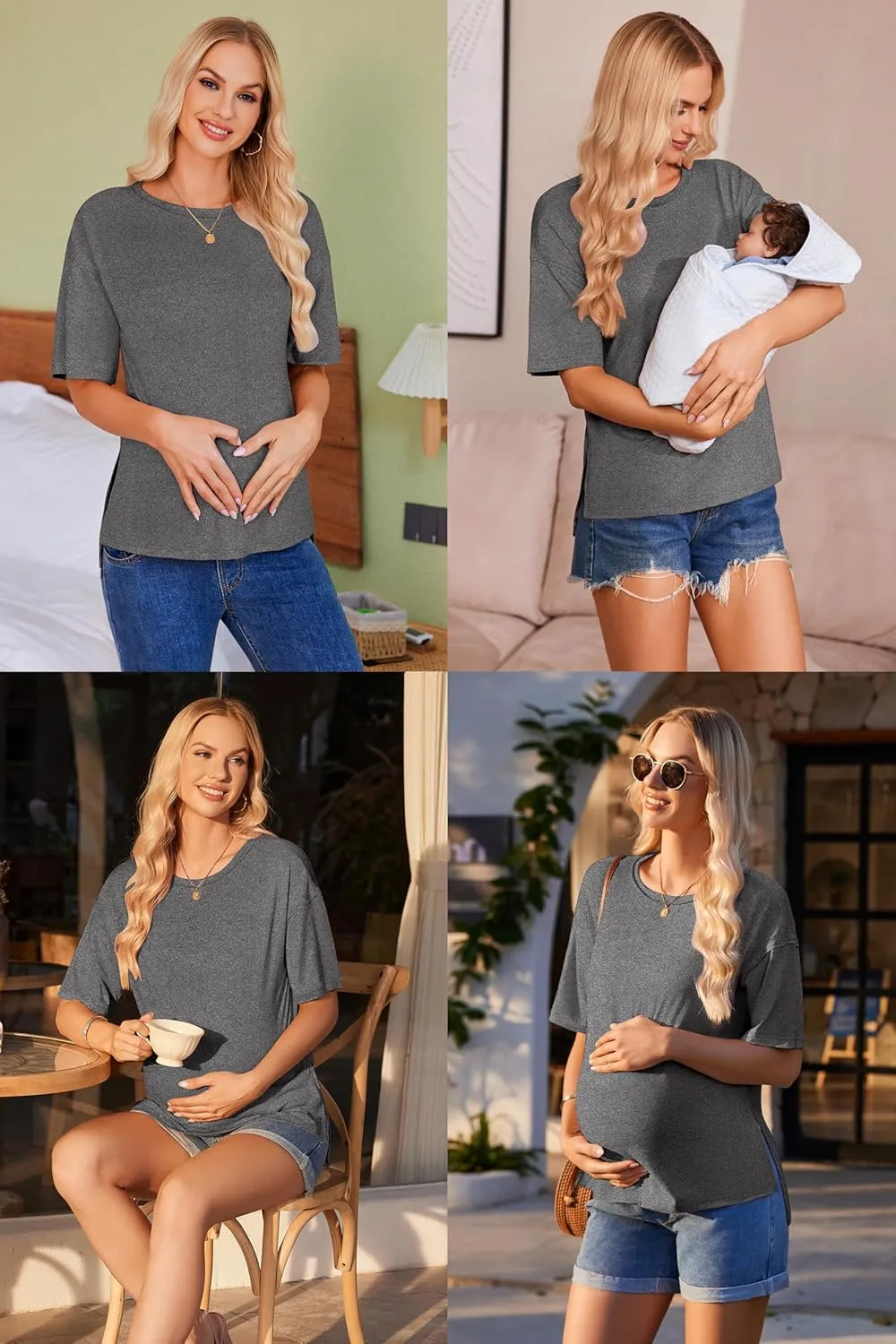 Ekouaer Maternity Shirts 3 Packs Short Sleeve Womens Oversized Pregnancy Tops Split Side Postpartum Blouse Clothes S-XXL