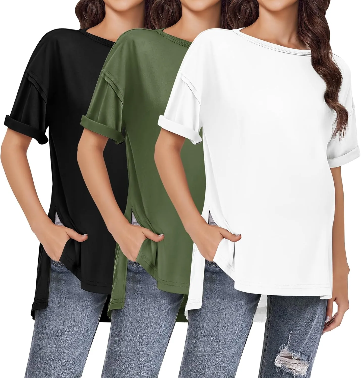 Ekouaer Maternity Shirts 3 Packs Short Sleeve Womens Oversized Pregnancy Tops Split Side Postpartum Blouse Clothes S-XXL