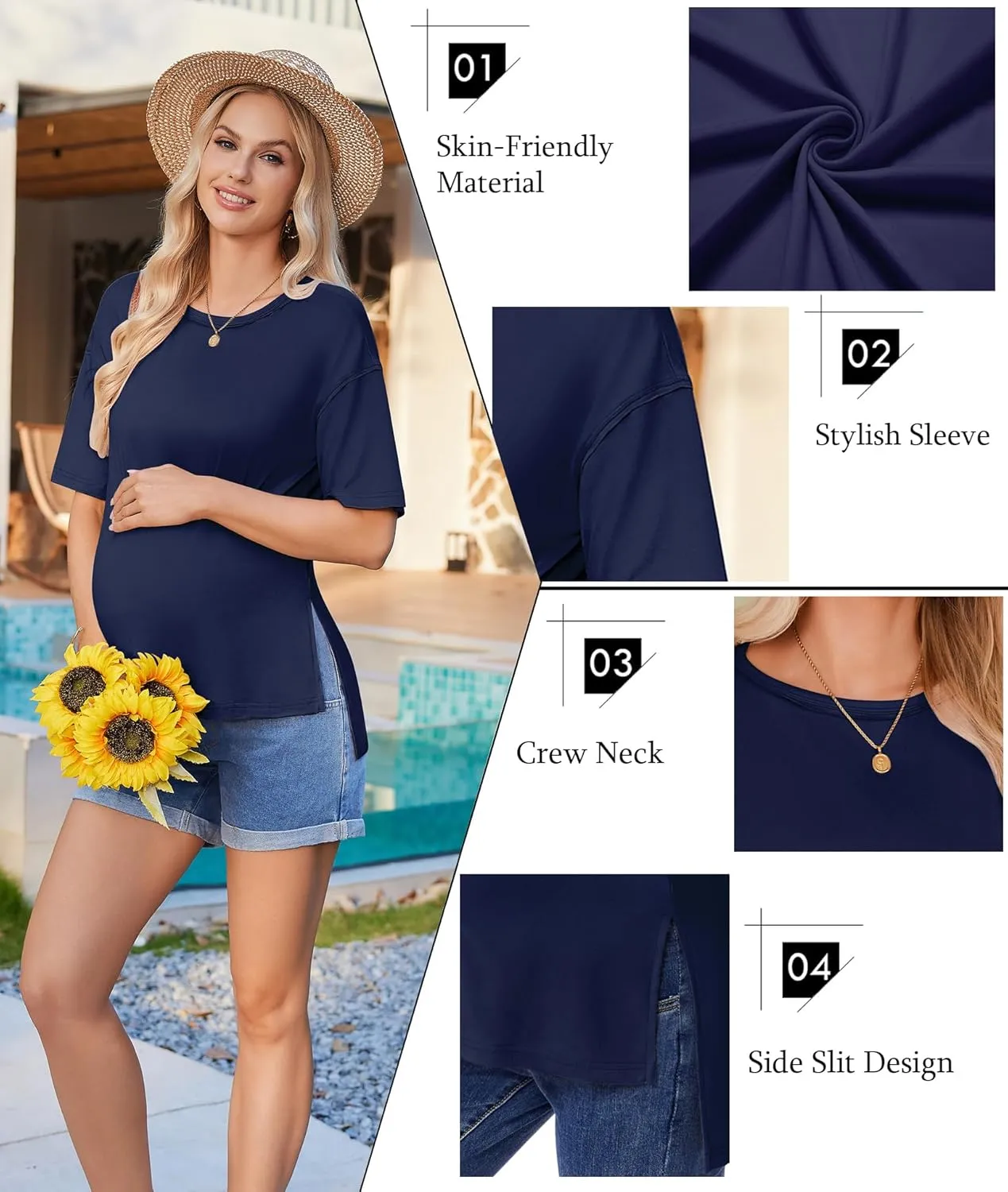 Ekouaer Maternity Shirts 3 Packs Short Sleeve Womens Oversized Pregnancy Tops Split Side Postpartum Blouse Clothes S-XXL