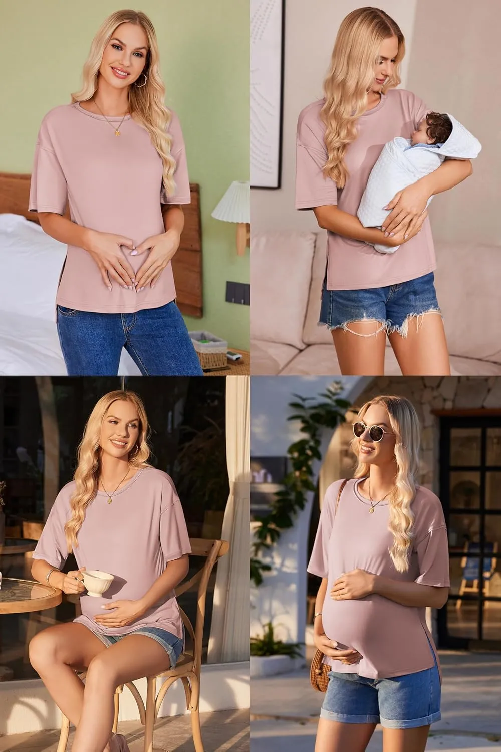Ekouaer Maternity Shirts 3 Packs Short Sleeve Womens Oversized Pregnancy Tops Split Side Postpartum Blouse Clothes S-XXL