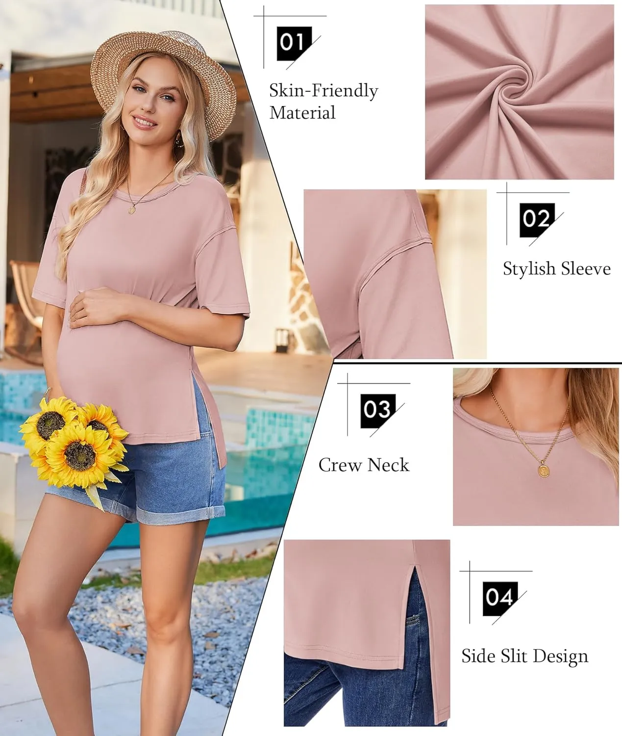 Ekouaer Maternity Shirts 3 Packs Short Sleeve Womens Oversized Pregnancy Tops Split Side Postpartum Blouse Clothes S-XXL