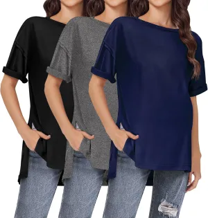 Ekouaer Maternity Shirts 3 Packs Short Sleeve Womens Oversized Pregnancy Tops Split Side Postpartum Blouse Clothes S-XXL