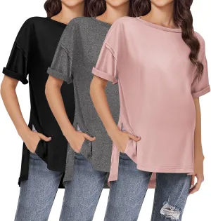 Ekouaer Maternity Shirts 3 Packs Short Sleeve Womens Oversized Pregnancy Tops Split Side Postpartum Blouse Clothes S-XXL