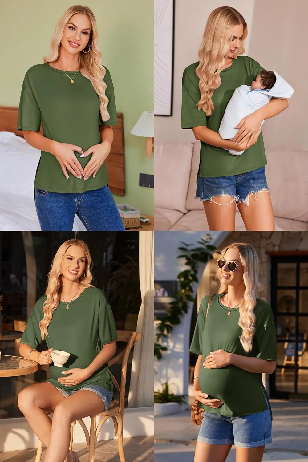 Ekouaer Maternity Shirts 3 Packs Short Sleeve Womens Oversized Pregnancy Tops Split Side Postpartum Blouse Clothes S-XXL