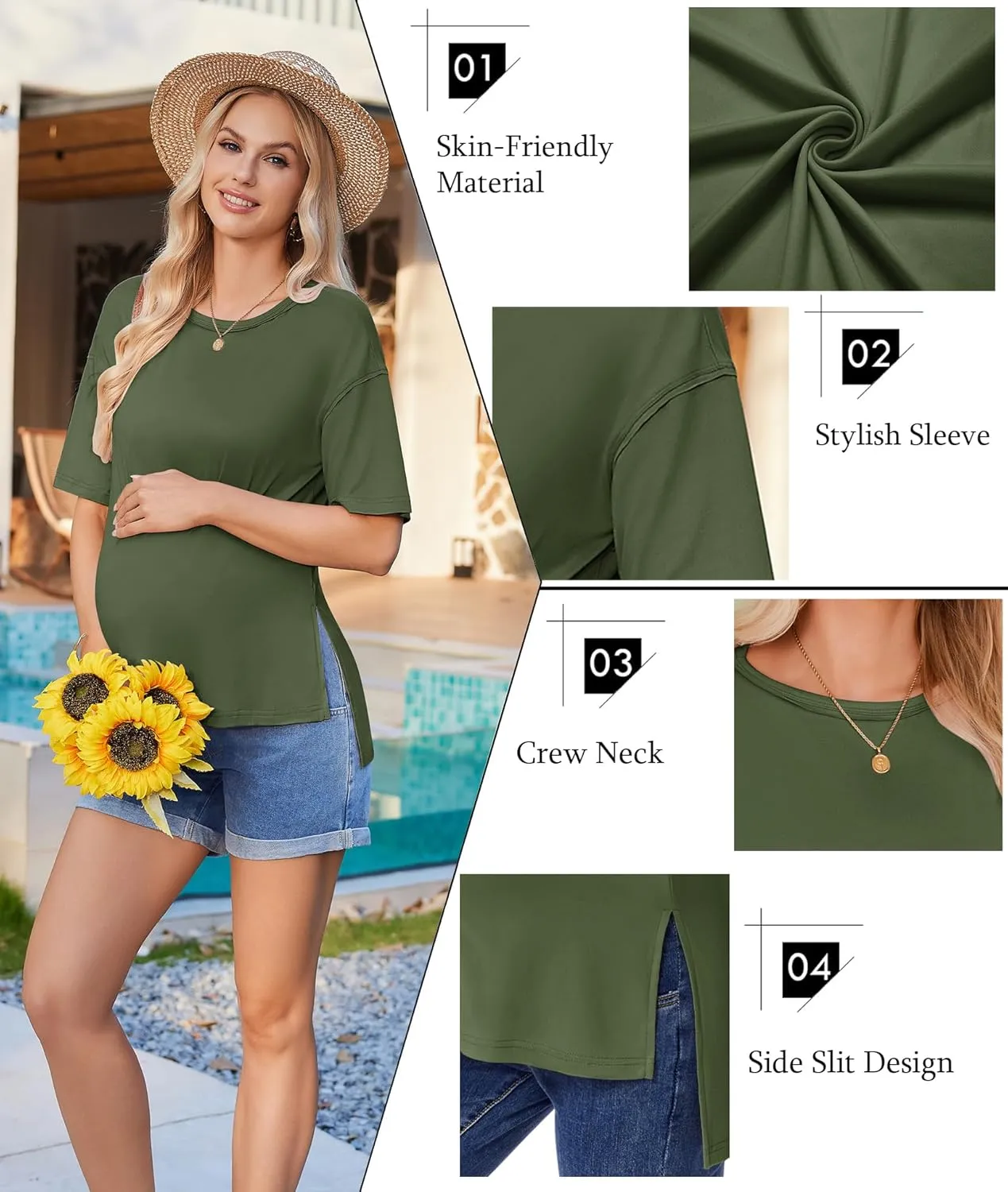 Ekouaer Maternity Shirts 3 Packs Short Sleeve Womens Oversized Pregnancy Tops Split Side Postpartum Blouse Clothes S-XXL