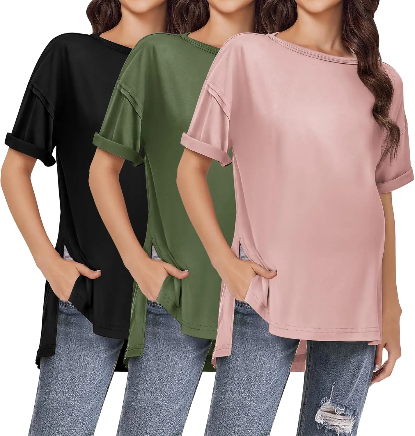 Ekouaer Maternity Shirts 3 Packs Short Sleeve Womens Oversized Pregnancy Tops Split Side Postpartum Blouse Clothes S-XXL