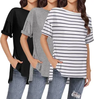 Ekouaer Maternity Shirts 3 Packs Short Sleeve Womens Oversized Pregnancy Tops Split Side Postpartum Blouse Clothes S-XXL