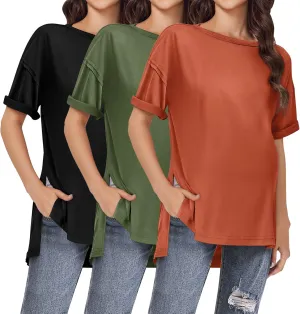 Ekouaer Maternity Shirts 3 Packs Short Sleeve Womens Oversized Pregnancy Tops Split Side Postpartum Blouse Clothes S-XXL