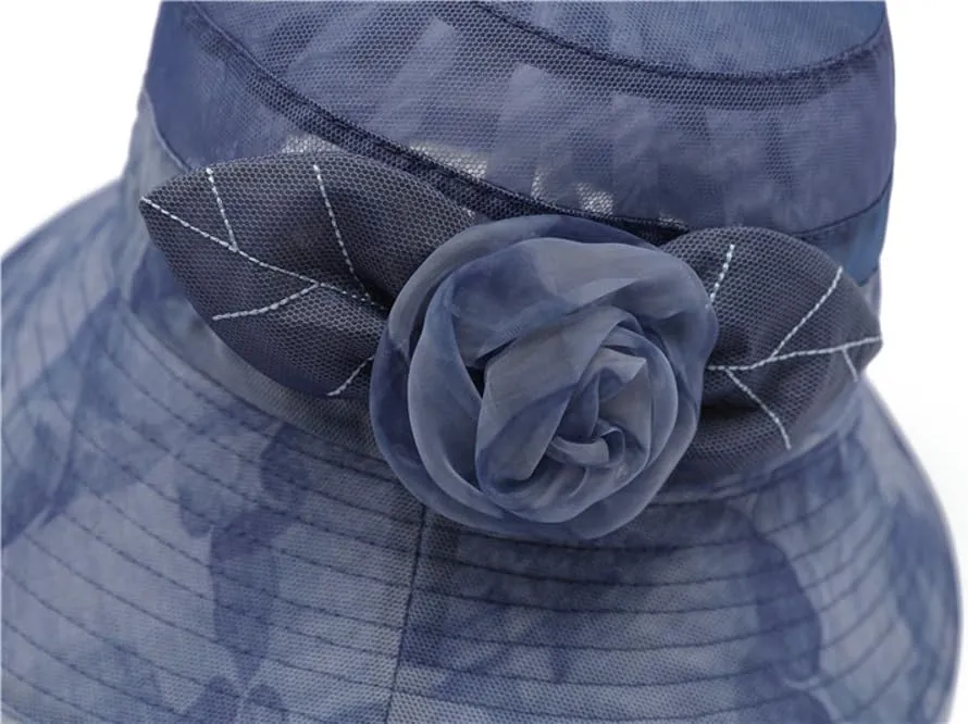 Elegant Wide Brim Floral Sun Hat for Women UV Protection Lightweight Mesh Summer Garden Beach Hat