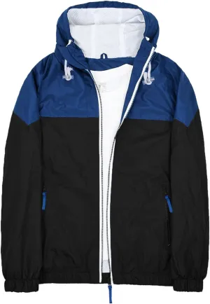 evzosrz Mens Lightweight Hooded Jacket Vintage Patchwork Colorblock Windbreaker Waterproof Packable Hiking Softshell Raincoat