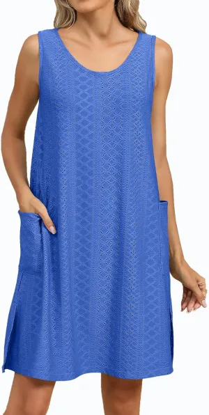 Eyelet Dresses for Women 2025 Scoop Neck Sleeveless Sundresses Swimsuit Coverup Tank Dress Beach Vacation Dress