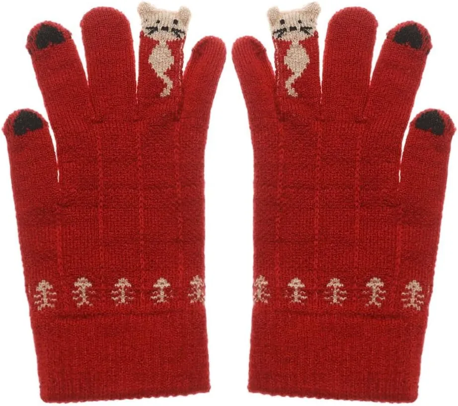 Fashion Knitted Gloves Touch Screen Mittens Cute Full Finger Thick Warm Soft Elastic Cartoon Cat Hold for Women Men (Color : F) (A)