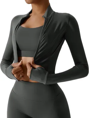 FEOYA Women Long Sleeve Full Zip Workout Crop Jacket Slim Fit Turtleneck Thumbhole Sports Track Jacket Ultra Short 2023