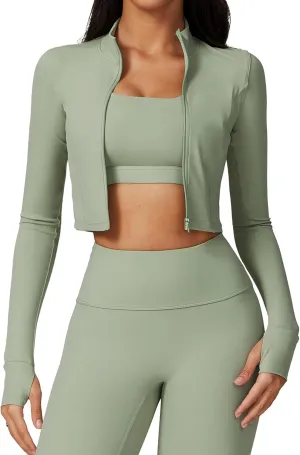 FEOYA Women Long Sleeve Full Zip Workout Crop Jacket Slim Fit Turtleneck Thumbhole Sports Track Jacket Ultra Short 2023