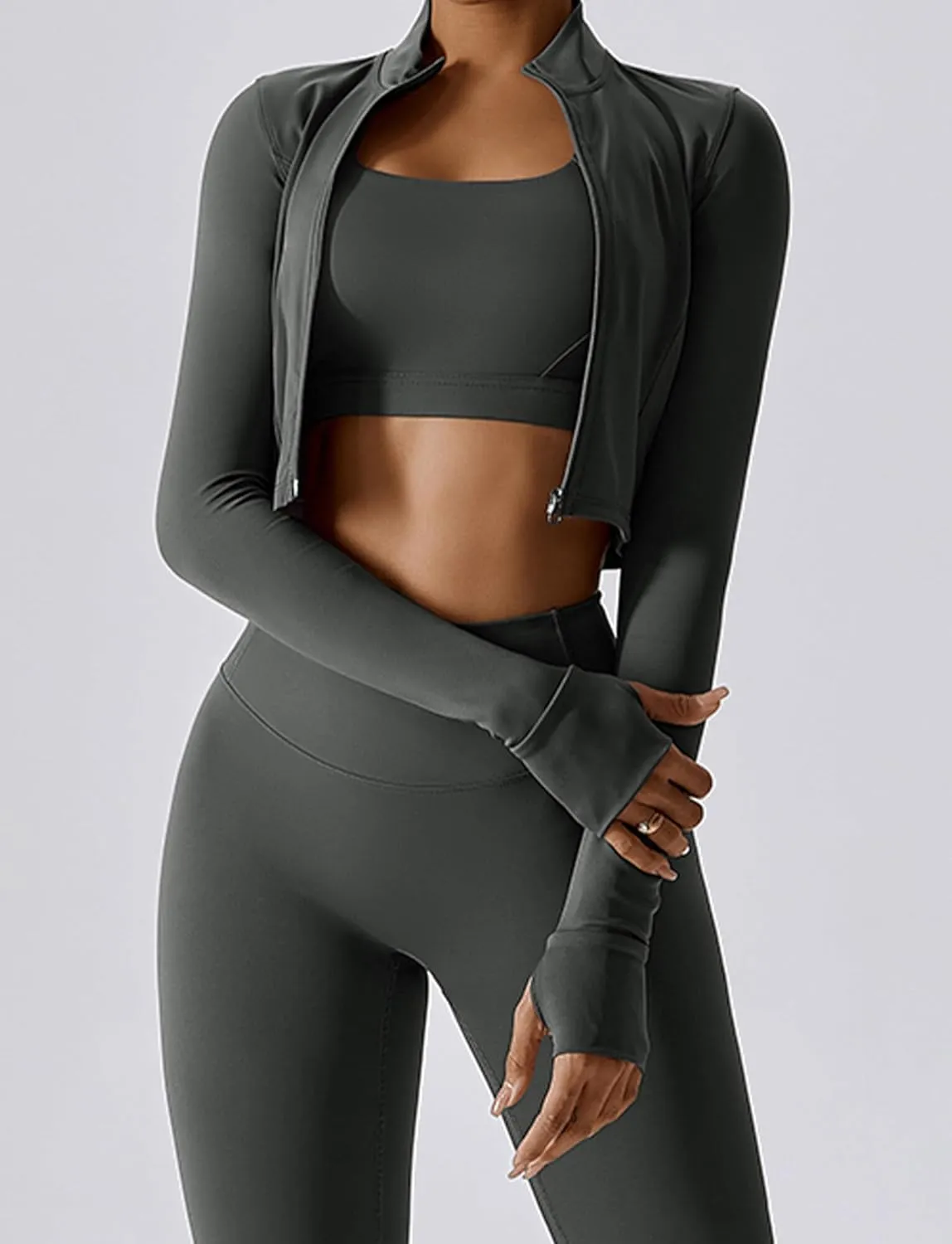 FEOYA Women Long Sleeve Full Zip Workout Crop Jacket Slim Fit Turtleneck Thumbhole Sports Track Jacket Ultra Short 2023