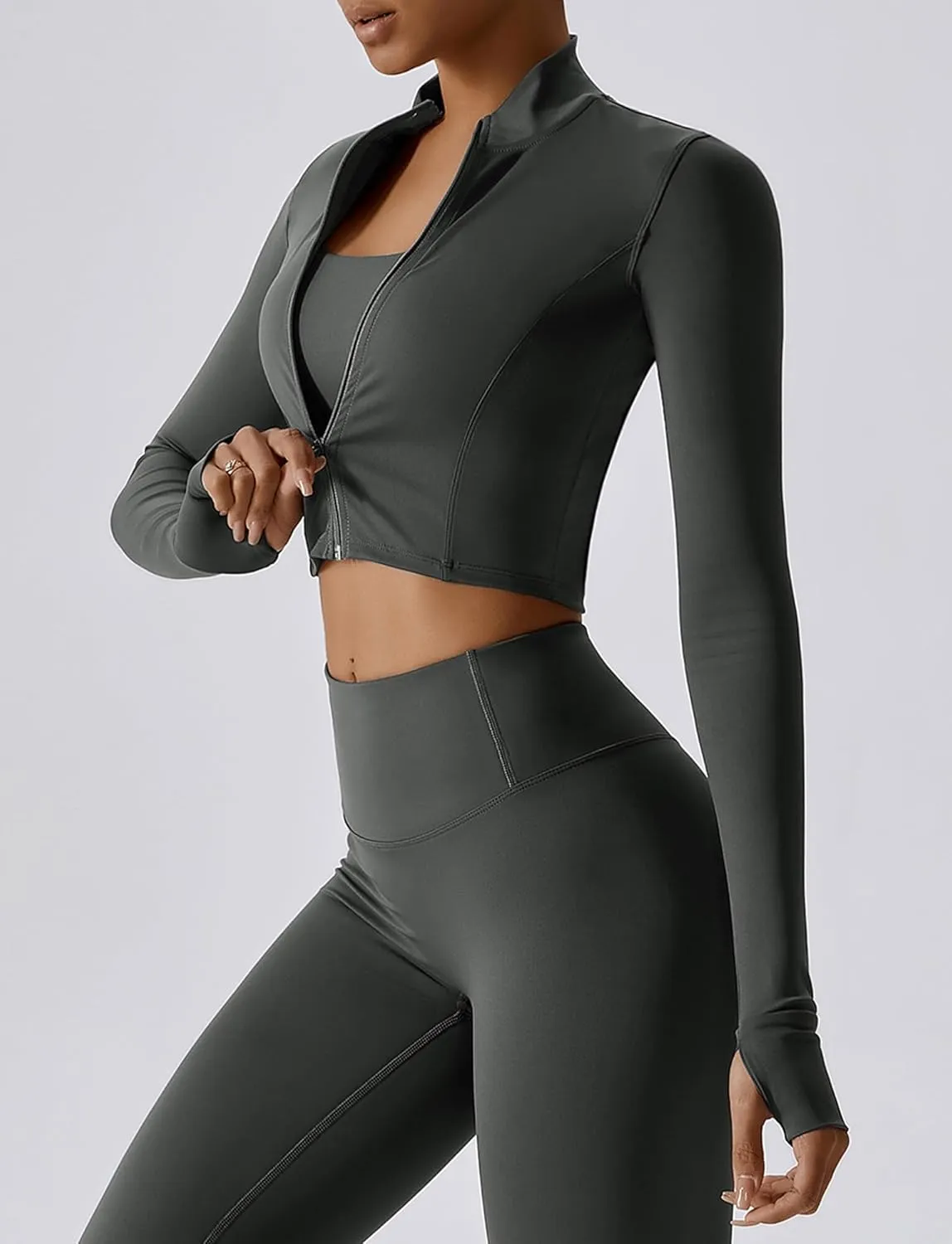FEOYA Women Long Sleeve Full Zip Workout Crop Jacket Slim Fit Turtleneck Thumbhole Sports Track Jacket Ultra Short 2023