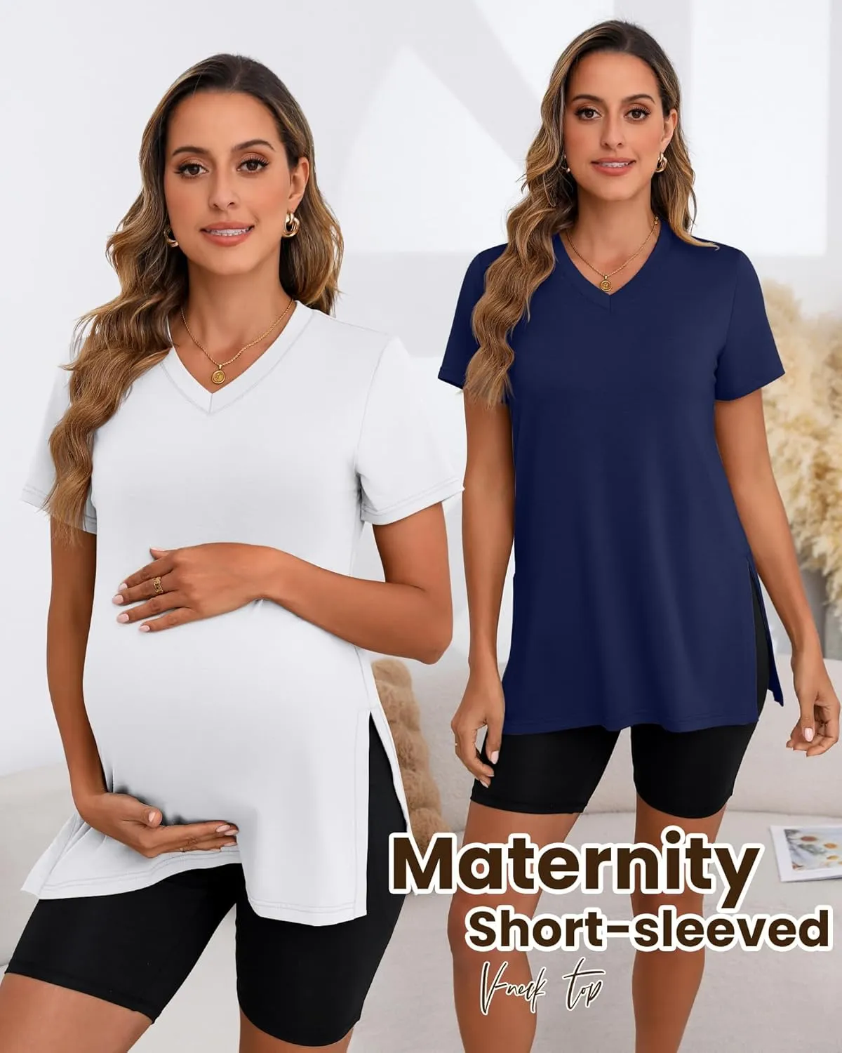 Ficerd 3 Pack Women's Maternity Shirts, Short Sleeve Cotton Pregnancy Tops Casual Split Side Tees V Neck Maternity Clothes