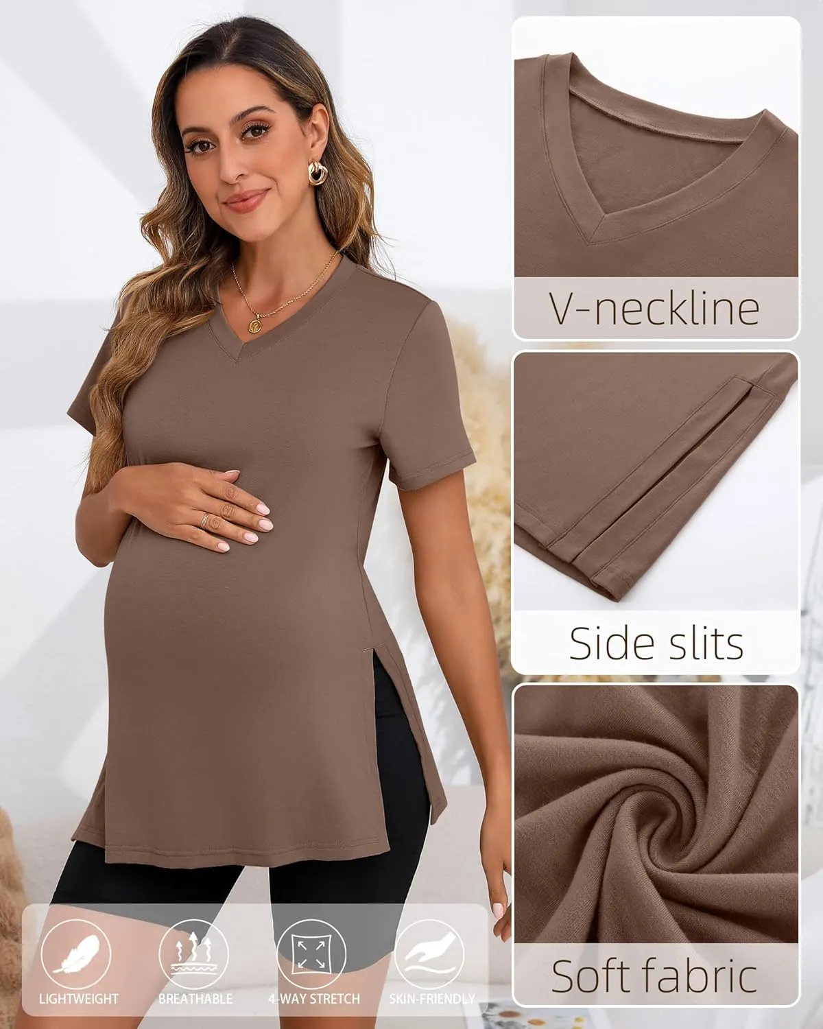 Ficerd 3 Pack Women's Maternity Shirts, Short Sleeve Cotton Pregnancy Tops Casual Split Side Tees V Neck Maternity Clothes
