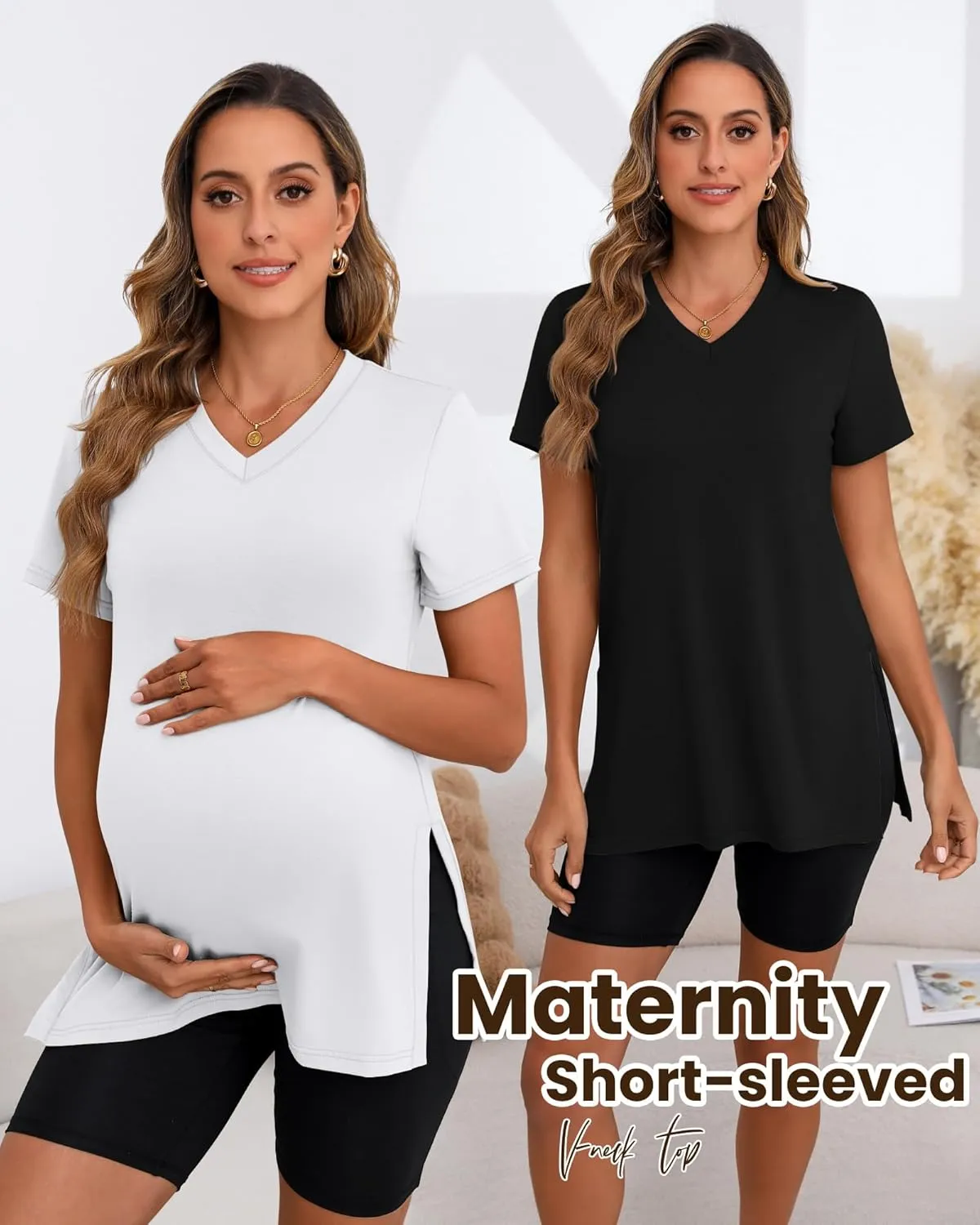 Ficerd 3 Pack Women's Maternity Shirts, Short Sleeve Cotton Pregnancy Tops Casual Split Side Tees V Neck Maternity Clothes