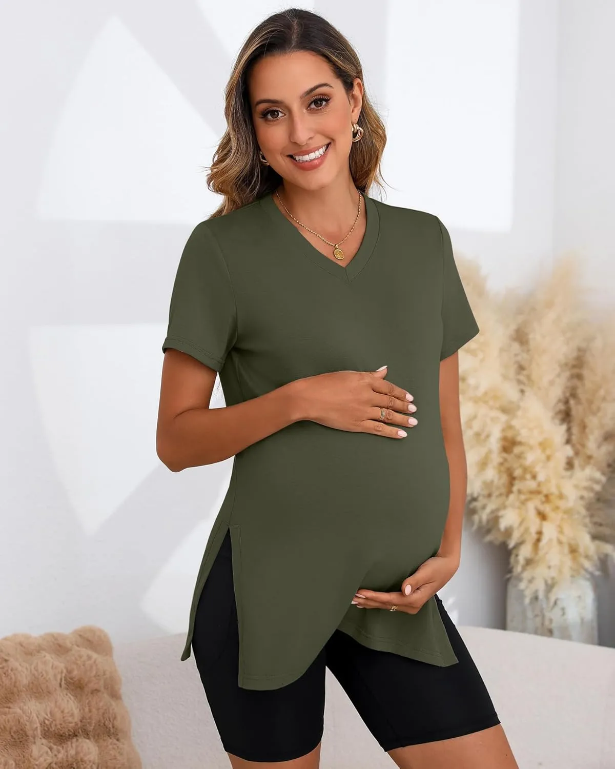 Ficerd 3 Pack Women's Maternity Shirts, Short Sleeve Cotton Pregnancy Tops Casual Split Side Tees V Neck Maternity Clothes