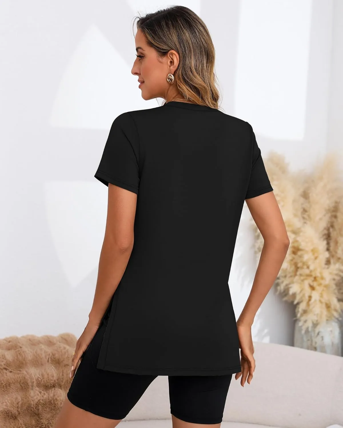 Ficerd 3 Pack Women's Maternity Shirts, Short Sleeve Cotton Pregnancy Tops Casual Split Side Tees V Neck Maternity Clothes