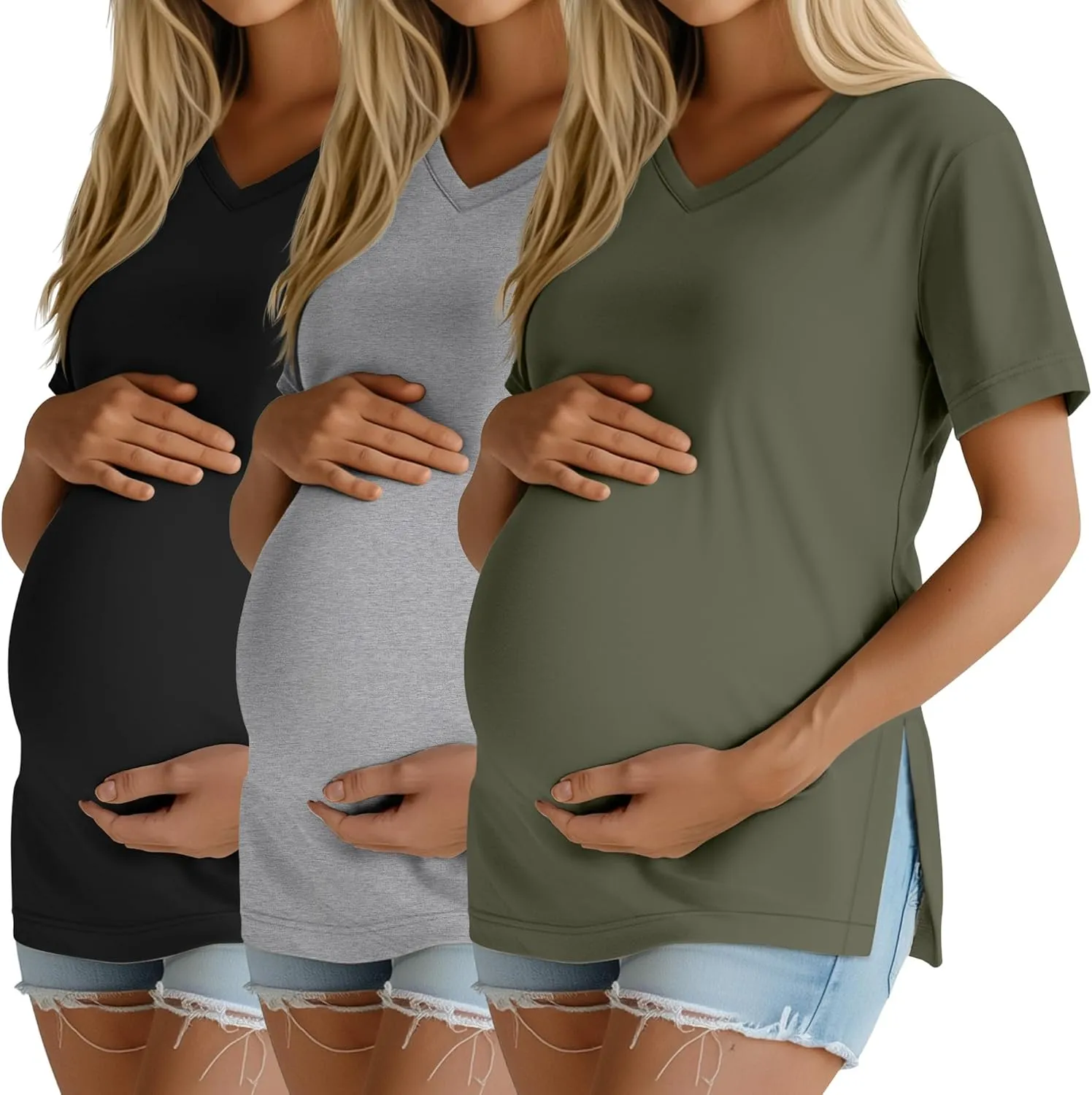 Ficerd 3 Pack Women's Maternity Shirts, Short Sleeve Cotton Pregnancy Tops Casual Split Side Tees V Neck Maternity Clothes