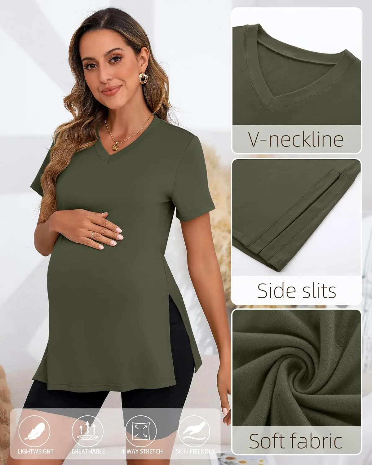 Ficerd 3 Pack Women's Maternity Shirts, Short Sleeve Cotton Pregnancy Tops Casual Split Side Tees V Neck Maternity Clothes