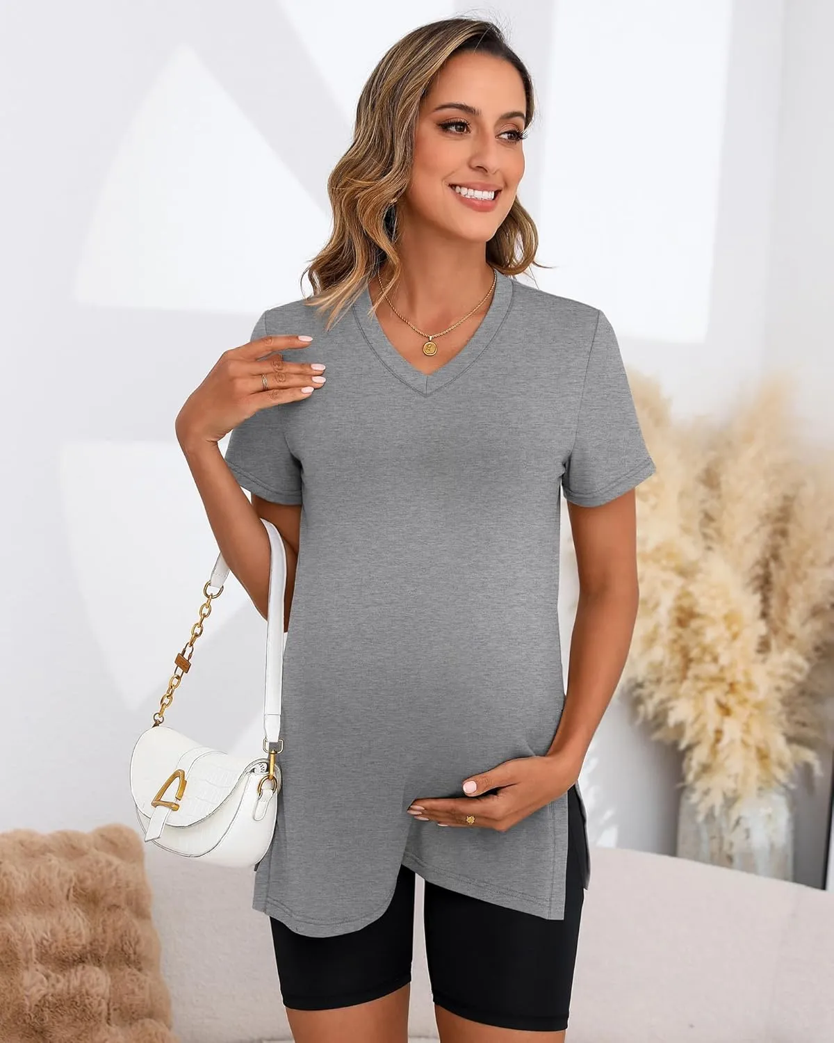 Ficerd 3 Pack Women's Maternity Shirts, Short Sleeve Cotton Pregnancy Tops Casual Split Side Tees V Neck Maternity Clothes