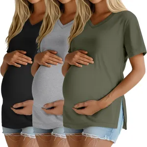 Ficerd 3 Pack Women's Maternity Shirts, Short Sleeve Cotton Pregnancy Tops Casual Split Side Tees V Neck Maternity Clothes