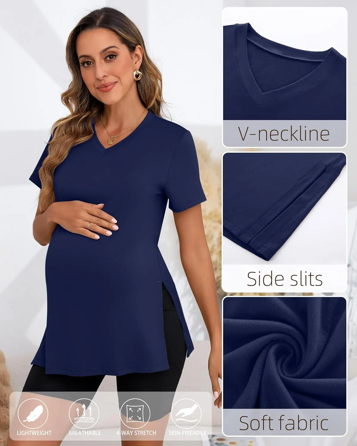 Ficerd 3 Pack Women's Maternity Shirts, Short Sleeve Cotton Pregnancy Tops Casual Split Side Tees V Neck Maternity Clothes