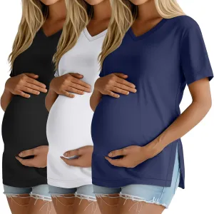 Ficerd 3 Pack Women's Maternity Shirts, Short Sleeve Cotton Pregnancy Tops Casual Split Side Tees V Neck Maternity Clothes