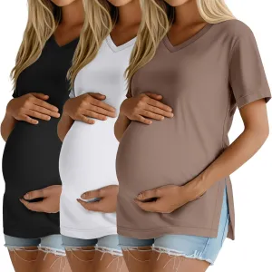 Ficerd 3 Pack Women's Maternity Shirts, Short Sleeve Cotton Pregnancy Tops Casual Split Side Tees V Neck Maternity Clothes