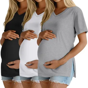 Ficerd 3 Pack Women's Maternity Shirts, Short Sleeve Cotton Pregnancy Tops Casual Split Side Tees V Neck Maternity Clothes