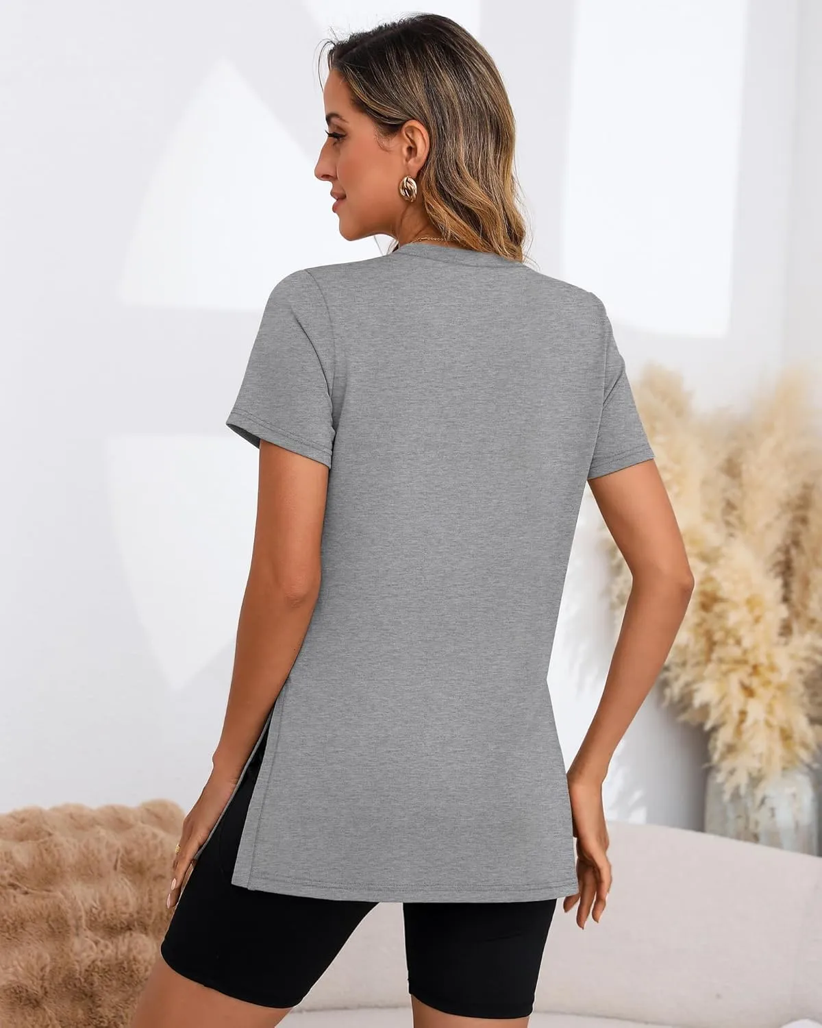 Ficerd 3 Pack Women's Maternity Shirts, Short Sleeve Cotton Pregnancy Tops Casual Split Side Tees V Neck Maternity Clothes