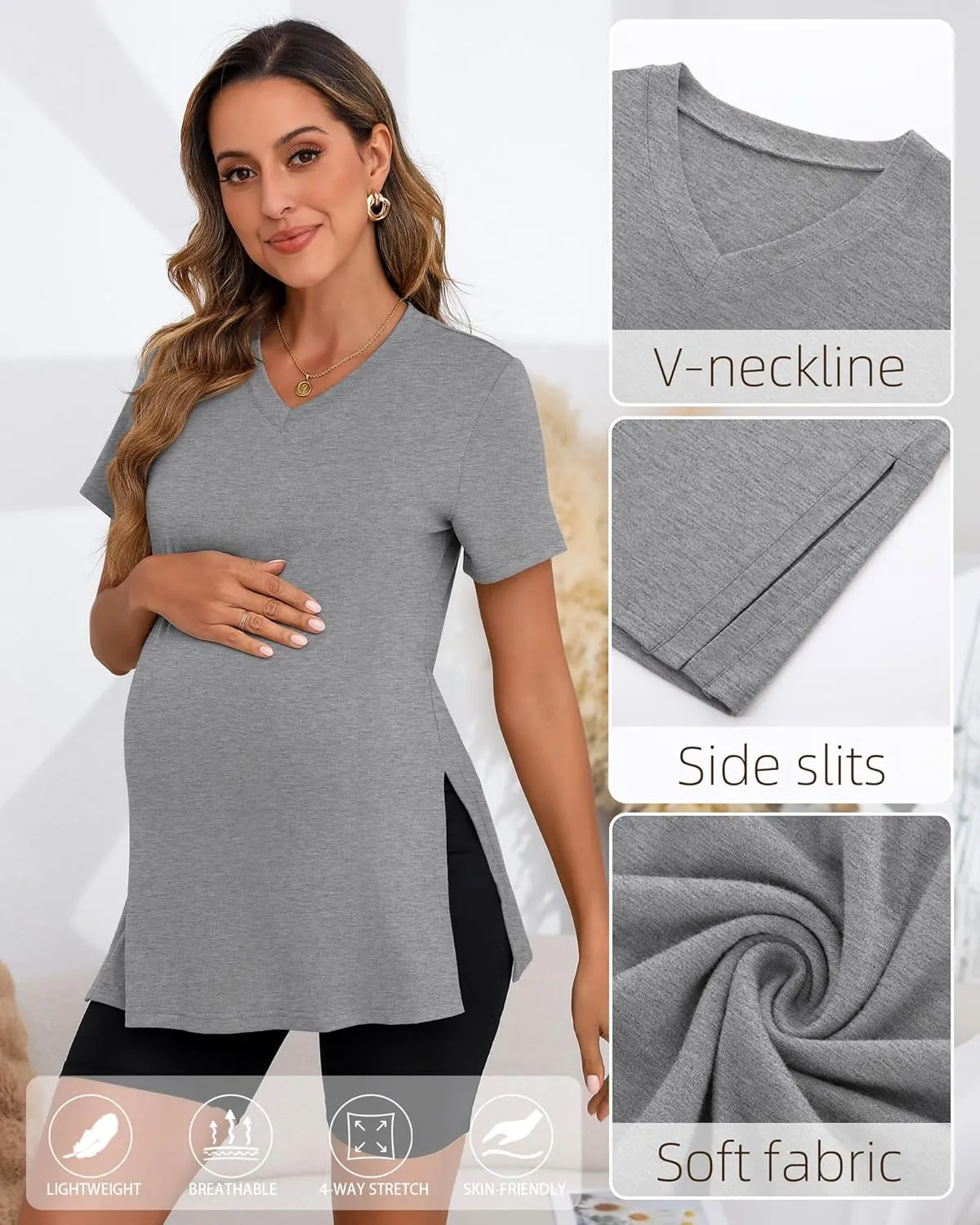 Ficerd 3 Pack Women's Maternity Shirts, Short Sleeve Cotton Pregnancy Tops Casual Split Side Tees V Neck Maternity Clothes