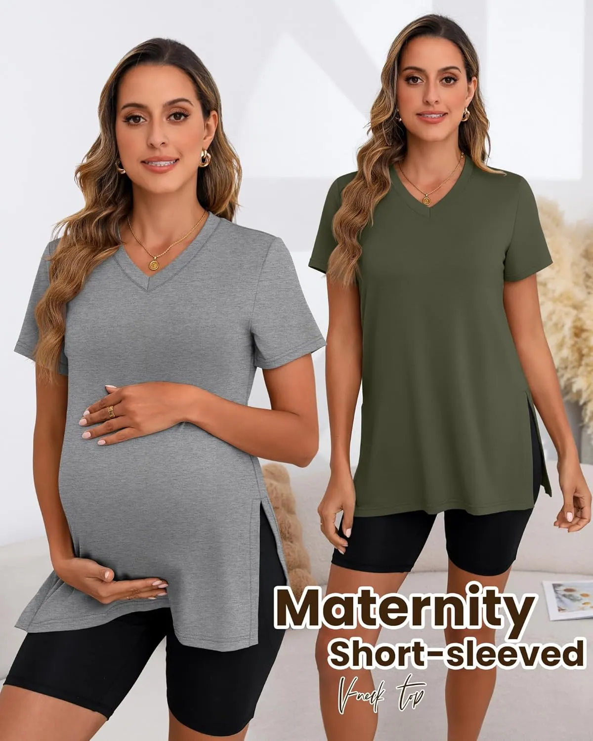 Ficerd 3 Pack Women's Maternity Shirts, Short Sleeve Cotton Pregnancy Tops Casual Split Side Tees V Neck Maternity Clothes