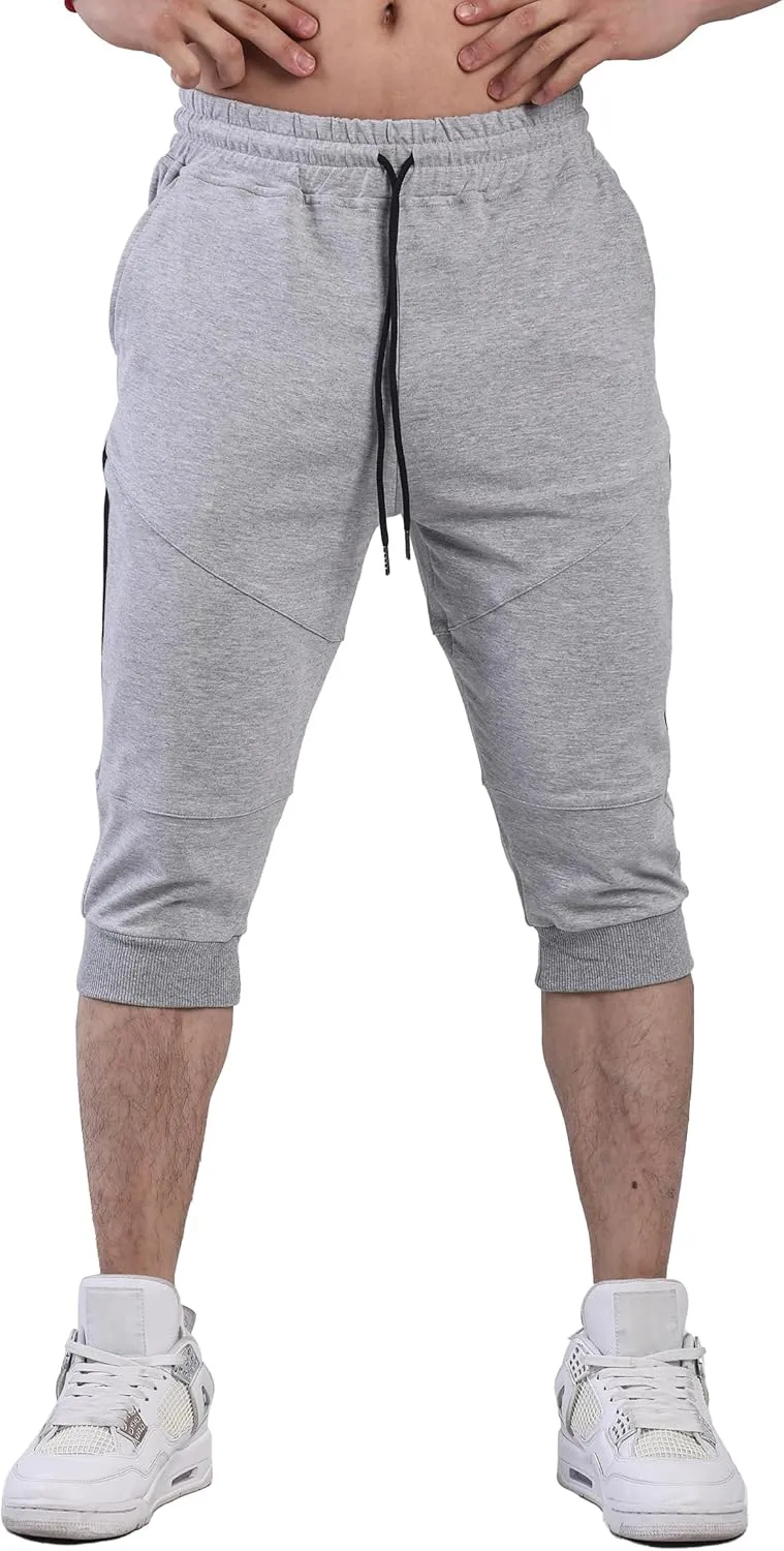 FIRSTGYM Mens 3/4 Tapered Fit Jogger Pants Casua Workout Gym Capris Jogger Shorts