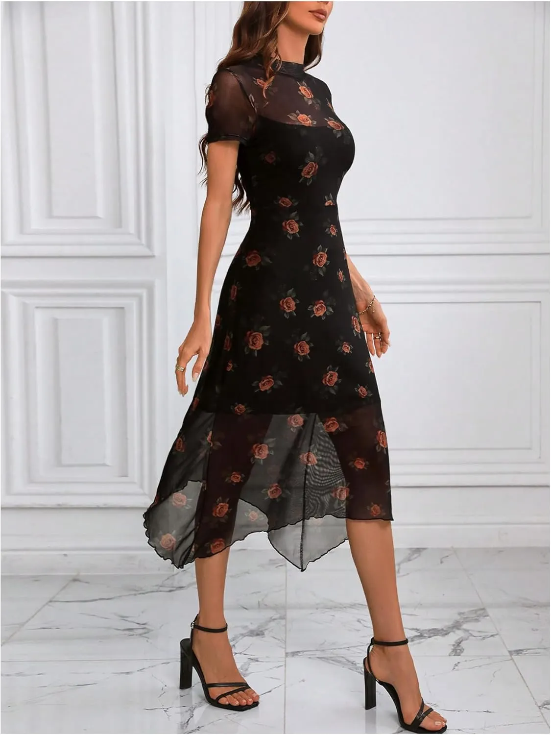 Floerns Women's Floral Mesh Short Sleeve Asymmetrical Hem Flared A Line Dress