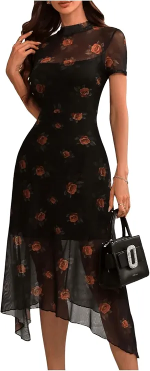 Floerns Women's Floral Mesh Short Sleeve Asymmetrical Hem Flared A Line Dress