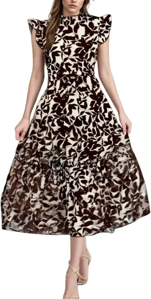 Floral Maxi Dress Summer Ruffle Cap Sleeve High Neck Wedding Guest A Line Dress Elegant Length Dresses with Tie Waist