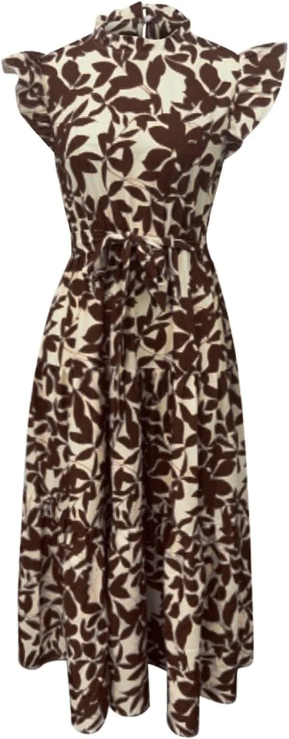 Floral Maxi Dress Summer Ruffle Cap Sleeve High Neck Wedding Guest A Line Dress Elegant Length Dresses with Tie Waist